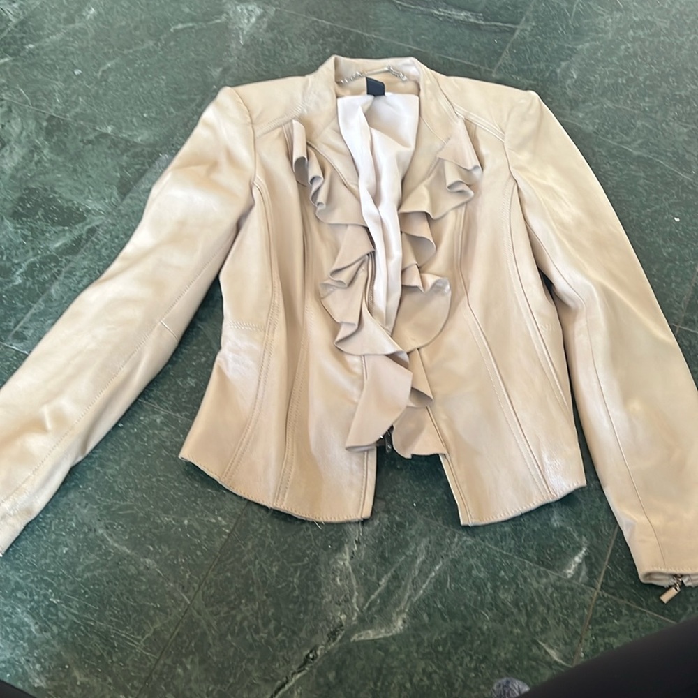 Y2K White House black market faux leather ruffle cropped jacket